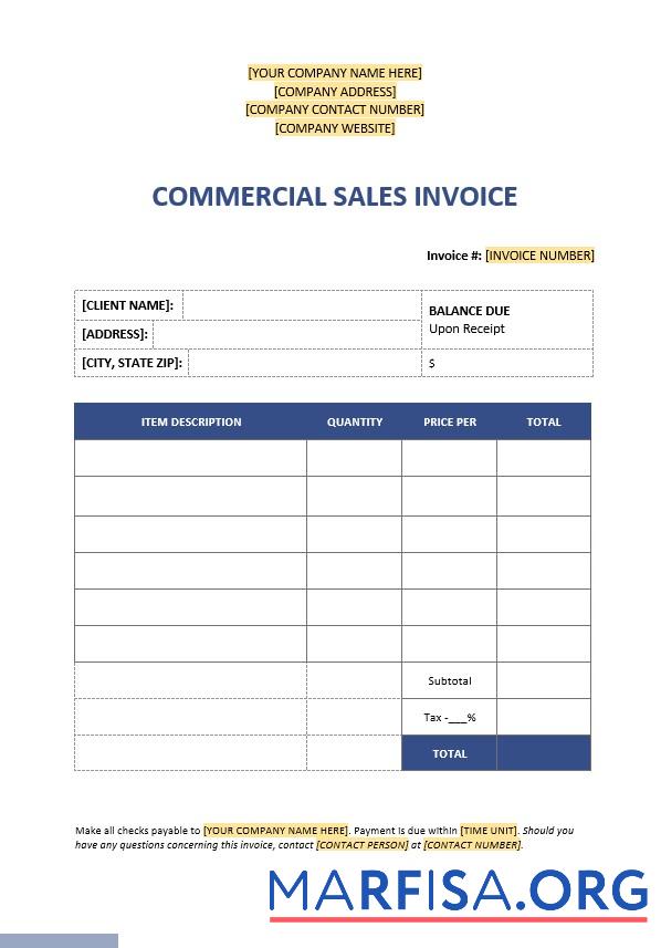 Blank Commercial Sales Invoice Template